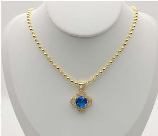 Blue Crystal Four-Leaf Clover Ball Chain Necklace – 18K Gold Plated Gemstone