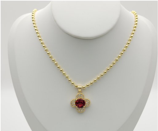 Ruby Red Crystal Four-Leaf Clover Ball Chain Necklace – 18K Gold Plated Gemstone
