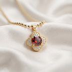 Ruby Red Crystal Four-Leaf Clover Ball Chain Necklace – 18K Gold Plated Gemstone