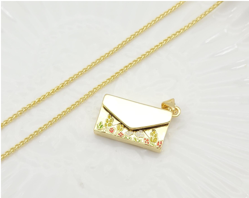 Floral Enamel Envelope Locket Pendant Necklace – 18K Gold Plated Secret Message