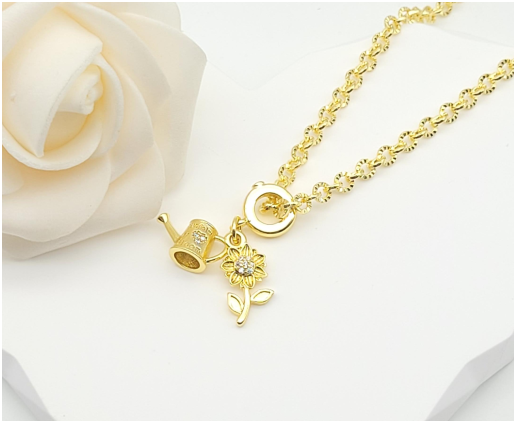Watering Can & Sunflower Charm Necklace Set – 18K Gold Plated Garden-Themed