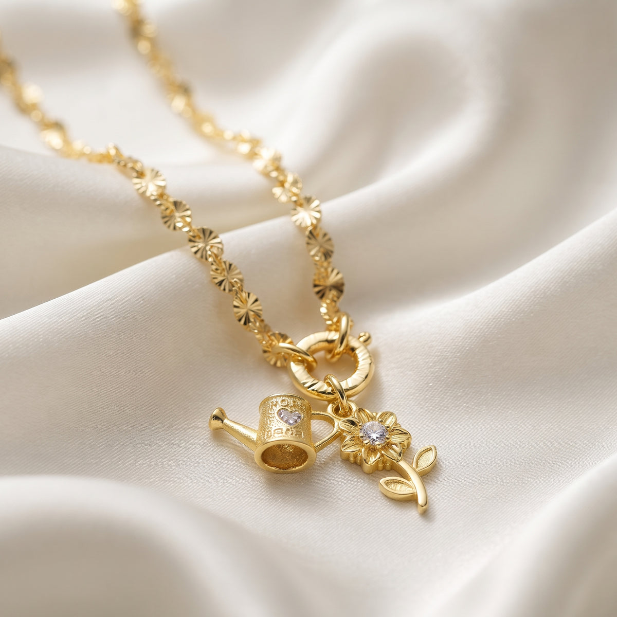 Watering Can & Sunflower Charm Necklace Set – 18K Gold Plated Garden-Themed