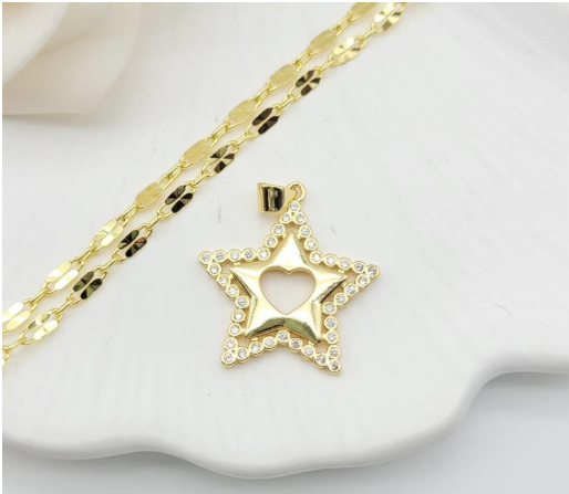 Heart-Cutout Star Crystal Pendant Necklace – 18K Gold Plated Celestial