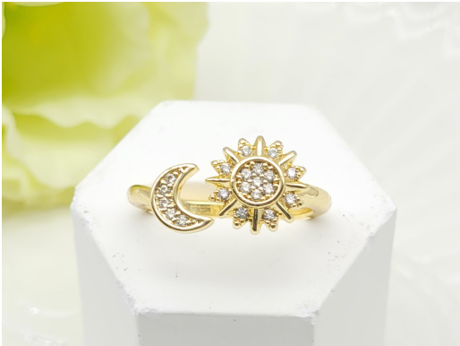 Gold-Plated Celestial Sun and Moon Ring – Adjustable Cosmic Statement Band