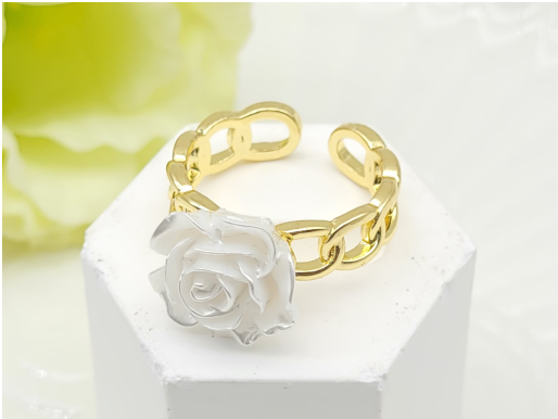 Gold-Plated White Rose Chain Ring – Adjustable Floral Statement Band
