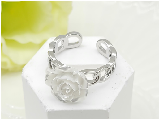 Silver-Plated White Rose Chain Ring – Adjustable Floral Statement Band