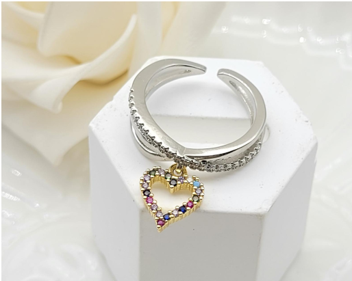 Silver-Plated Multi-Color Crystal Heart Pendant Ring – Adjustable Charm Band