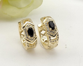 Gold-Plated Black Stone Crystal Huggie Earrings – Geometric Statement Hoops