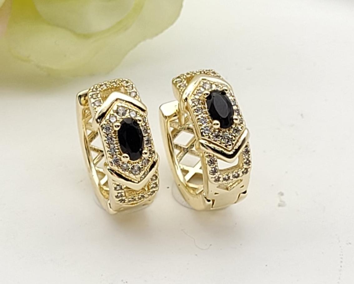 Gold-Plated Black Stone Crystal Huggie Earrings – Geometric Statement Hoops