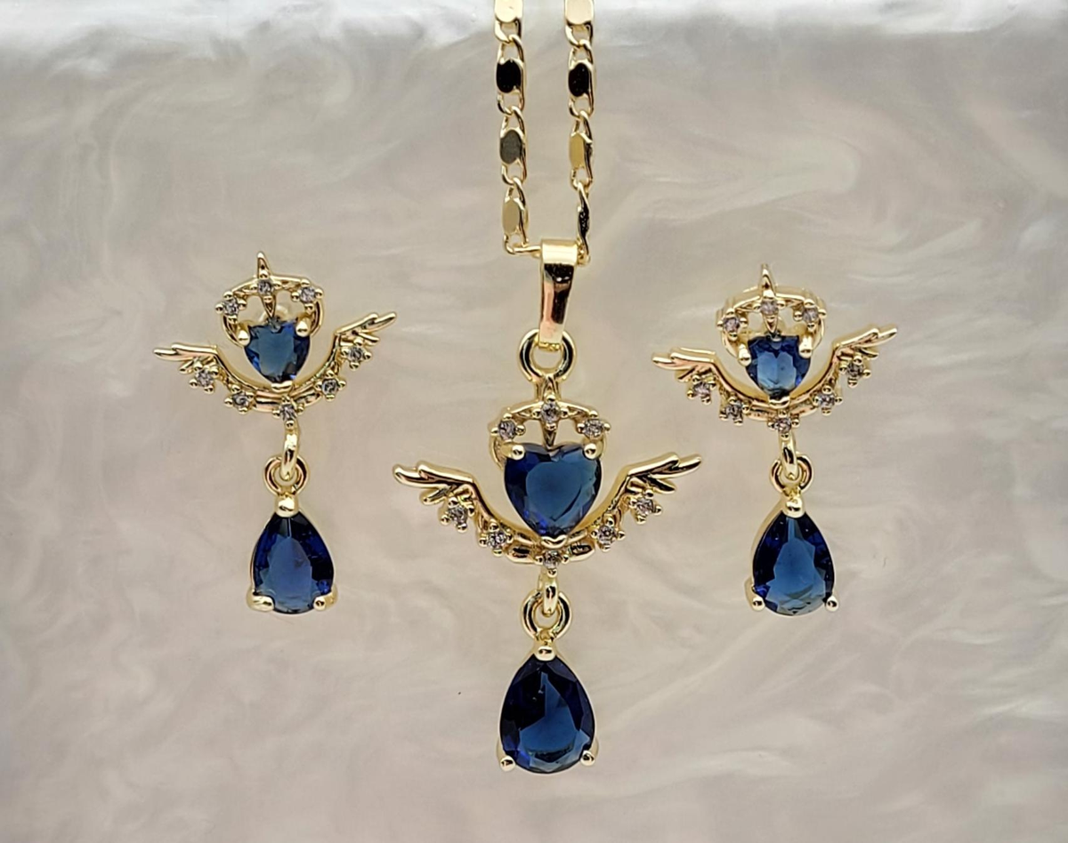 Gold-Plated Blue Zircon Heart Wings Pendant Necklace and Earring Set