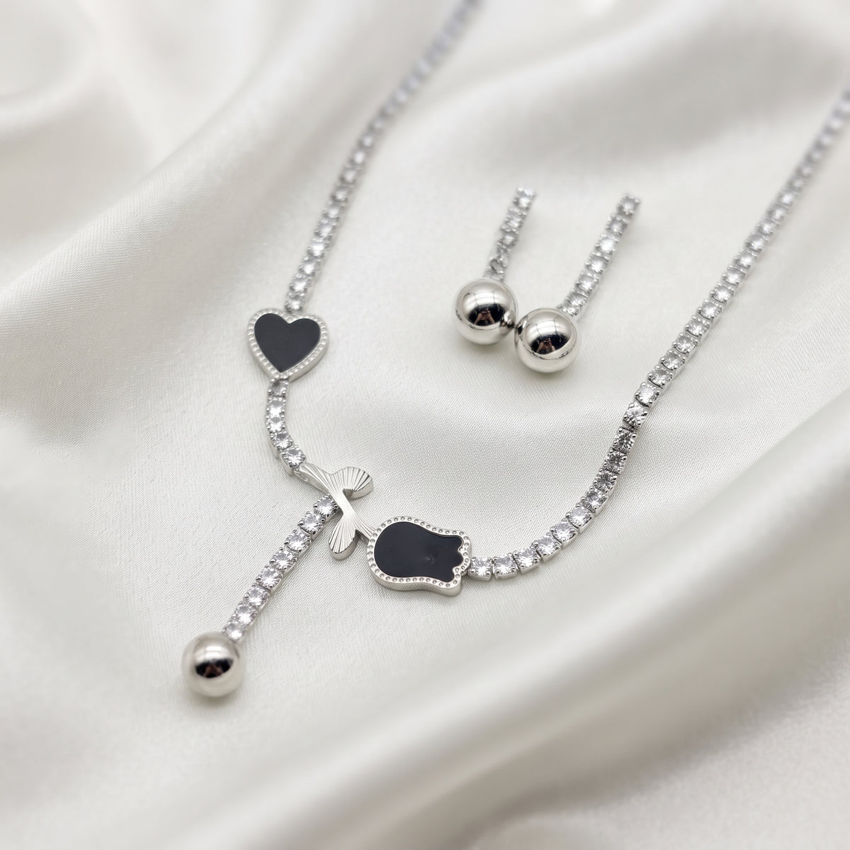 Silver-Plated Black Zircon Lariat Necklace and Ball Earring Set