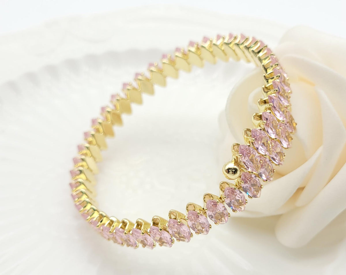 Gold-Plated Pink Zircon Marquise Cut Eternity Bangle Bracelet