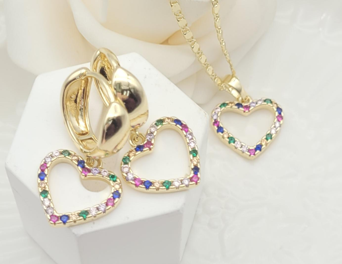 Gold-Plated Multi-Color Zircon Heart Huggie Earrings and Pendant Necklace Set