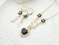 Gold-Plated Black Zircon Heart and Floral Vine Pendant Necklace and Earring Set