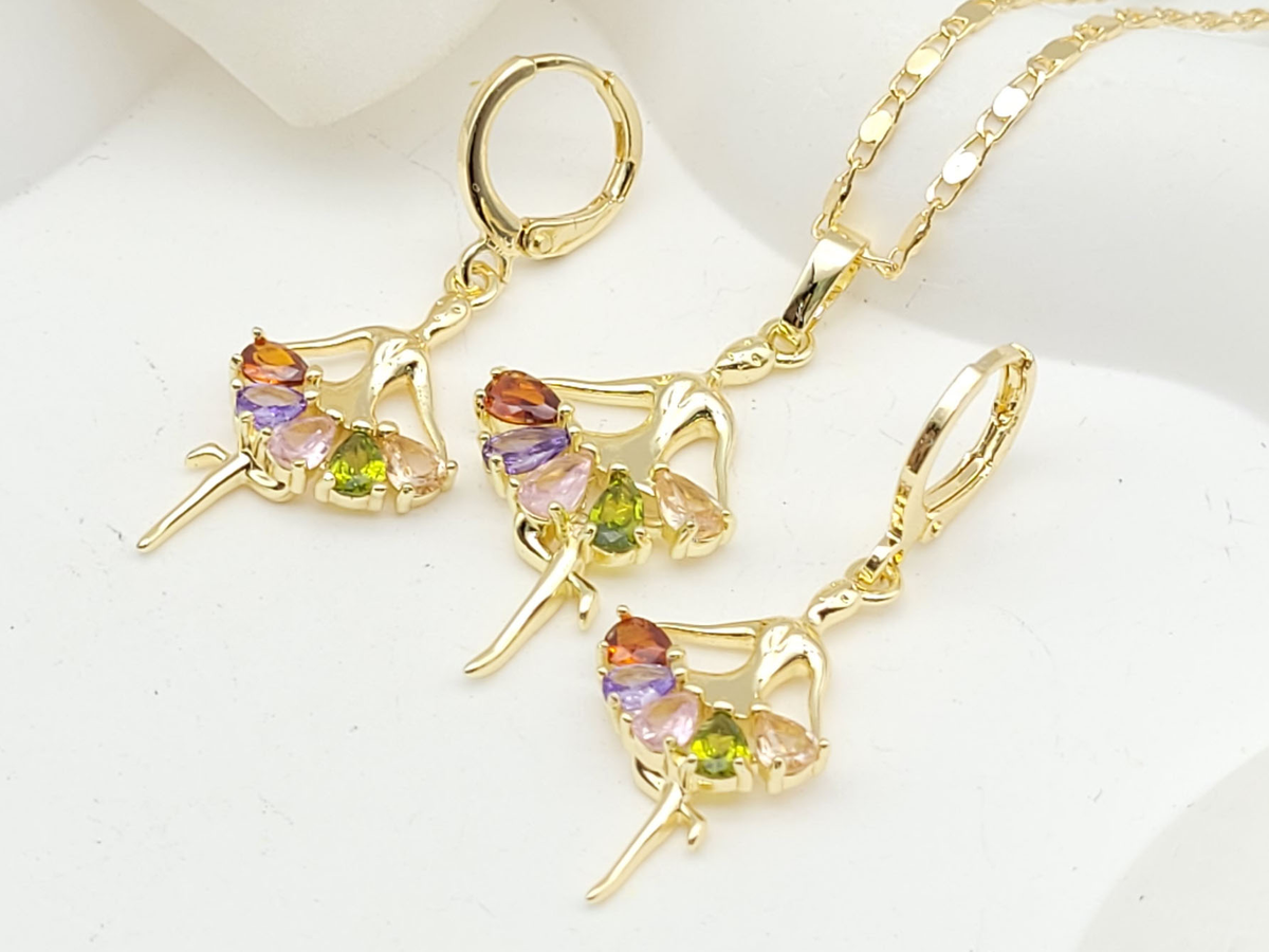 Gold-Plated Multi-Color Zircon Ballerina Pendant Necklace and Earring Set