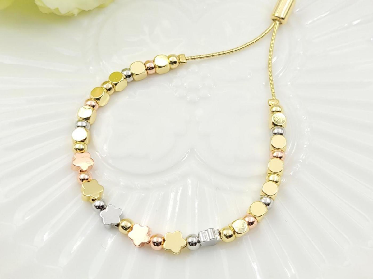 Tri-Color Zircon Flower and Bead Adjustable Slider Bracelet