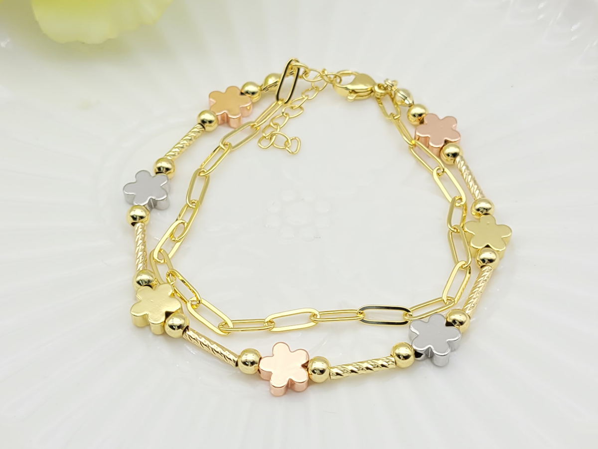Tri-Color Zircon Layered Flower Chain Bracelet