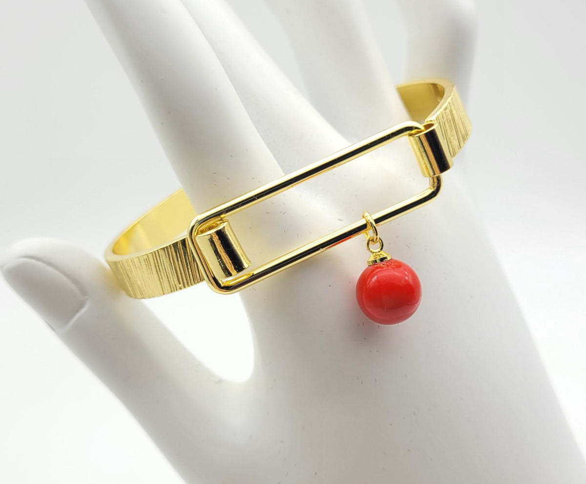 Gold-Plated Bright Red Enamel Ball Charm Bangle Bracelet