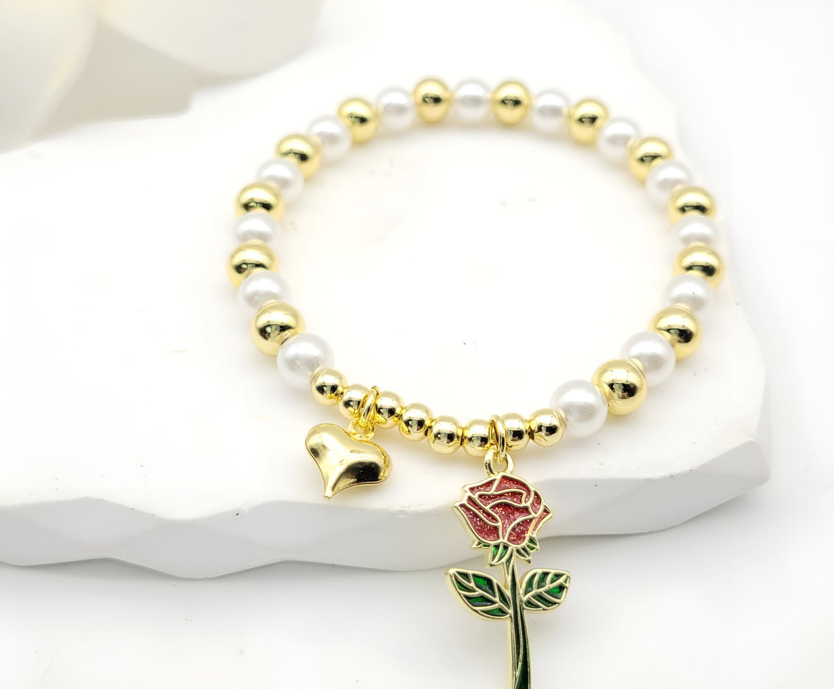 Gold-Plated White Pearl and Gold Bead Rose and Heart Charm Bracelet