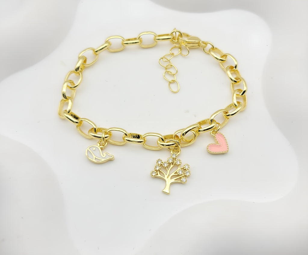 Gold-Plated Multi-Charm Paperclip Link Chain Bracelet