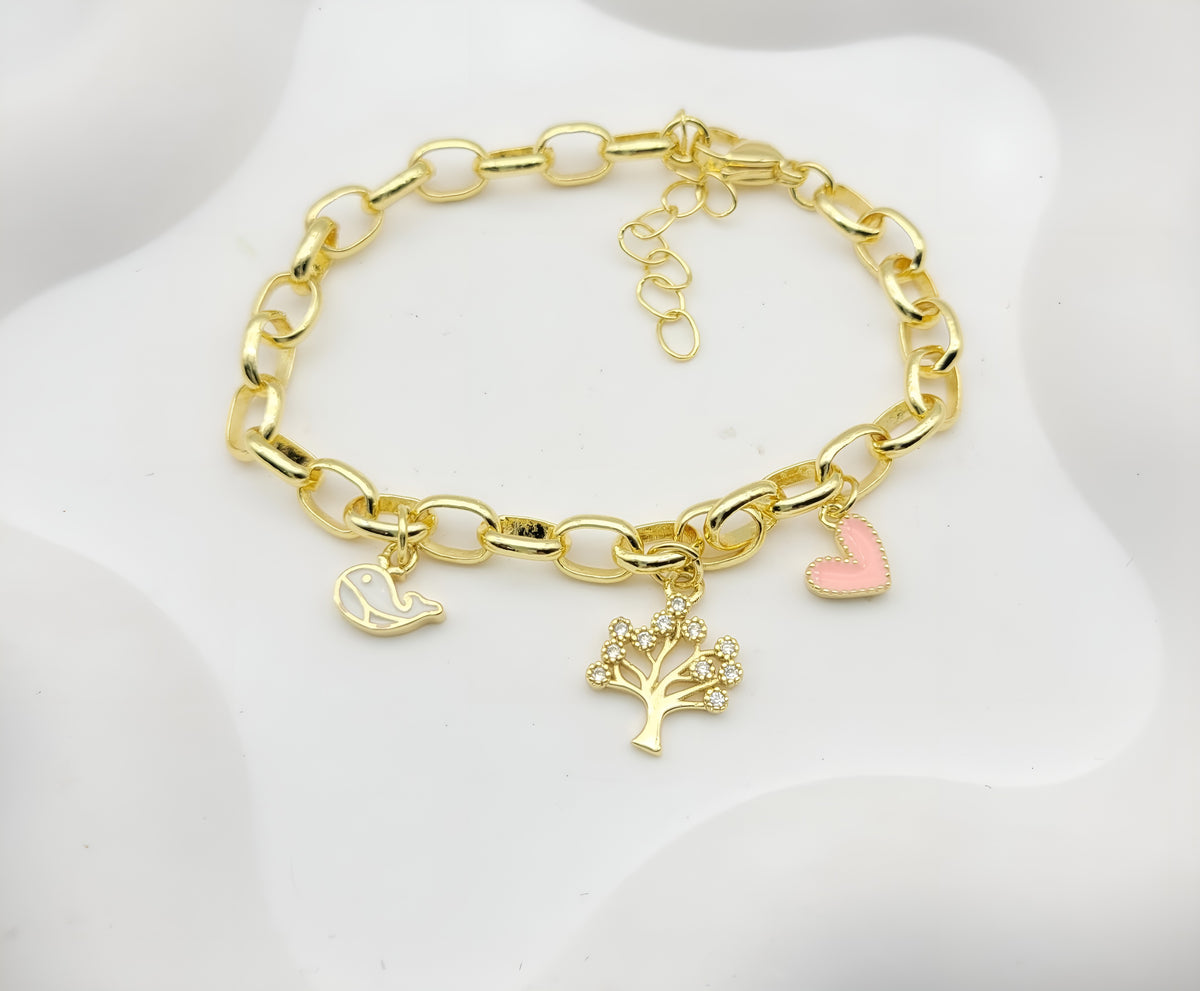 Gold-Plated Multi-Charm Paperclip Link Chain Bracelet