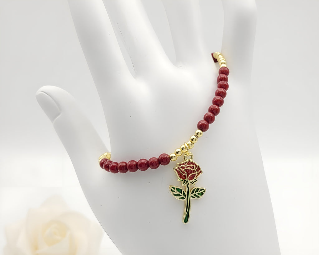 Gold-Plated Deep Red Pearl and Gold Bead Rose Charm Bracelet