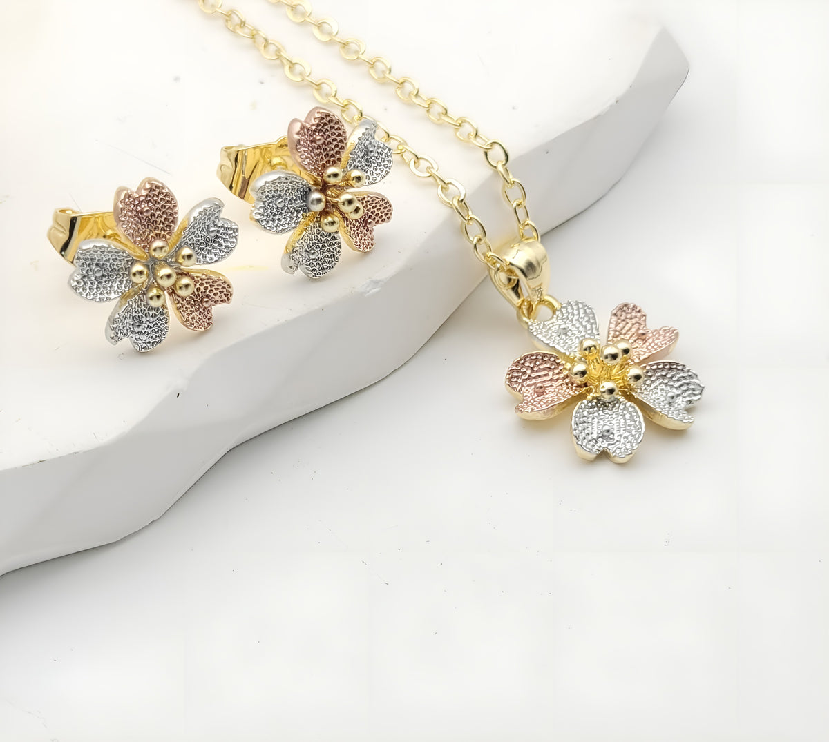 Tri-Color Zircon Flower Cluster Pendant Necklace and Earring Set