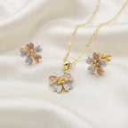 Tri-Color Zircon Flower Cluster Pendant Necklace and Earring Set