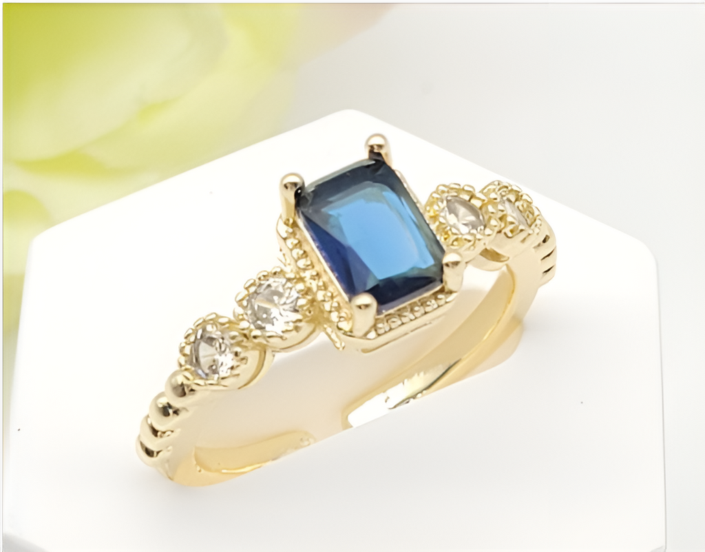 Gold-Plated Emerald-Cut Blue Zircon Crystal Statement Ring