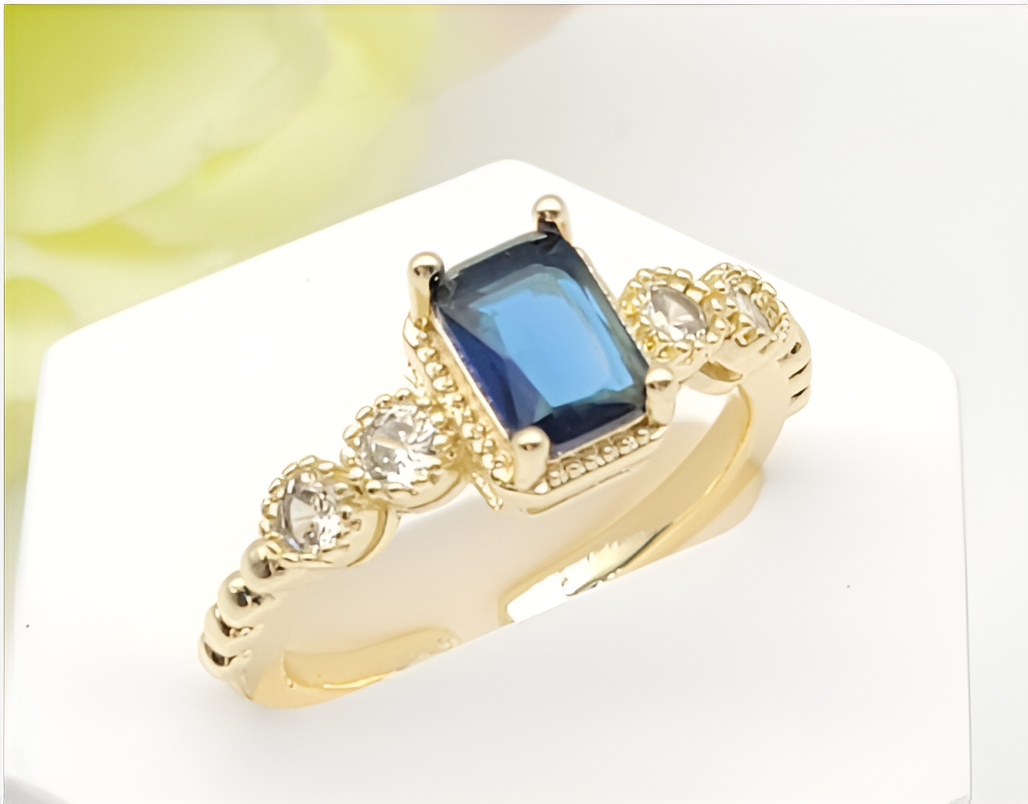 Gold-Plated Emerald-Cut Blue Zircon Crystal Statement Ring