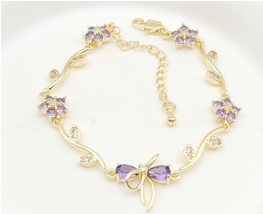 Elegant Purple Zircon Floral Vine & Bow Bracelet – 18K Gold Plated Adjustable Wrist Jewellery