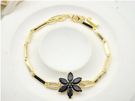 Bold Black Crystal Flower Statement Bracelet – 18K Gold Plated Link Chain