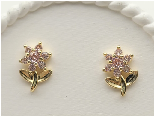 Dainty Pink Zircon Flower Stem Stud Earrings – 18K Gold Plated Botanical Ear Jewellery