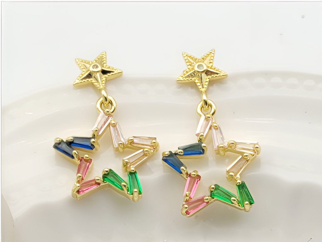 Colorful Baguette Zircon Star Drop Earrings