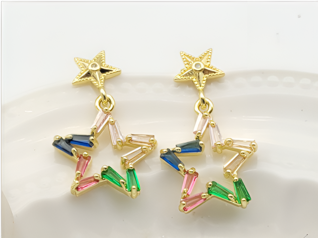 Colorful Baguette Zircon Star Drop Earrings