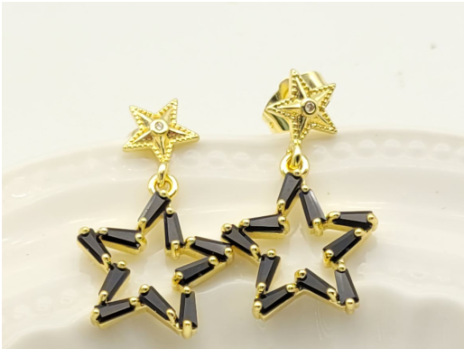 Edgy Black Baguette Zircon Star Drop Earrings