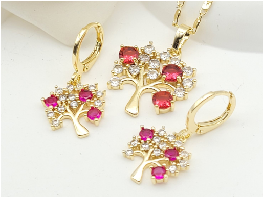 Ruby Red & Clear Zircon Tree of Life Pendant Necklace & Matching Earrings Set