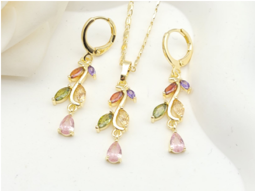 Colorful Multi-Stone Floral Vine Pendant Necklace & Matching Earrings Set