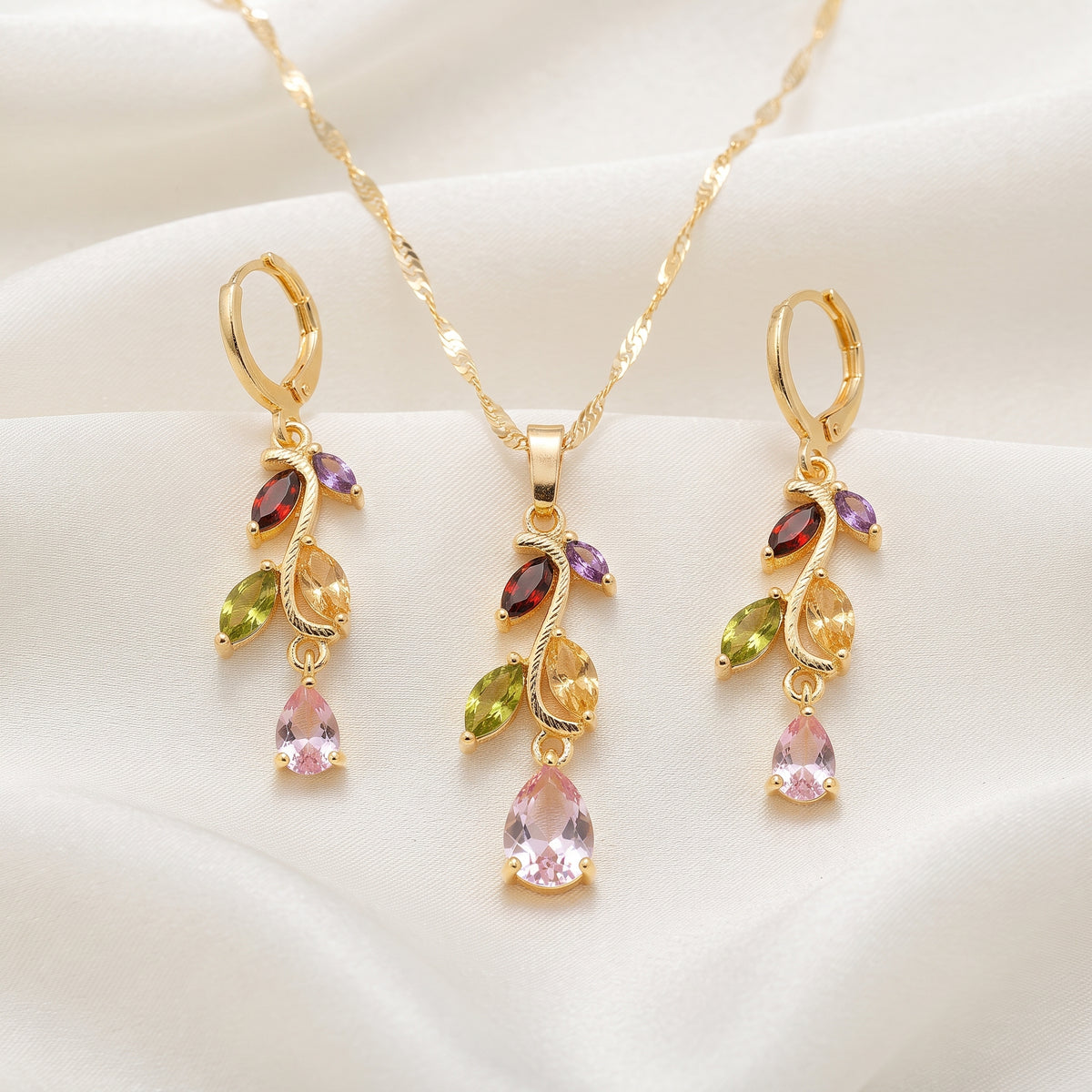 Colorful Multi-Stone Floral Vine Pendant Necklace & Matching Earrings Set