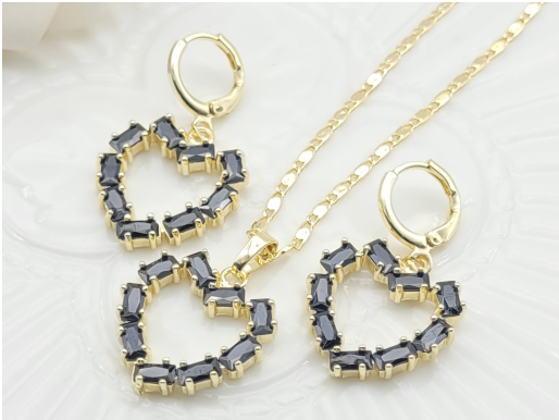 Edgy Black Baguette Zircon Heart Pendant Necklace & Matching Drop Earrings Set