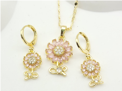 Charming Pink Zircon Sunflower Pendant Necklace & Matching Drop Earrings Set