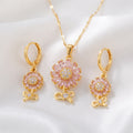Charming Pink Zircon Sunflower Pendant Necklace & Matching Drop Earrings Set