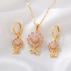 Charming Pink Zircon Sunflower Pendant Necklace & Matching Drop Earrings Set
