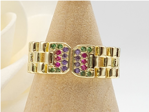 Colorful Zircon Watch Strap Style Open Ring – 18K Gold Plated Trendy Fashion