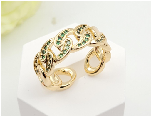 Emerald Green Zircon Cuban Link Chain Open Ring – 18K Gold Plated