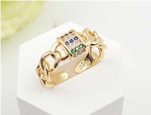 Multi-Color Zircon Lock & Cuban Link Chain Open Ring – 18K Gold Plated