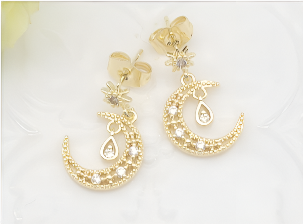Celestial Star & Crescent Moon Pavé Dangle Earrings – 18K Gold Plated Drop Earrings