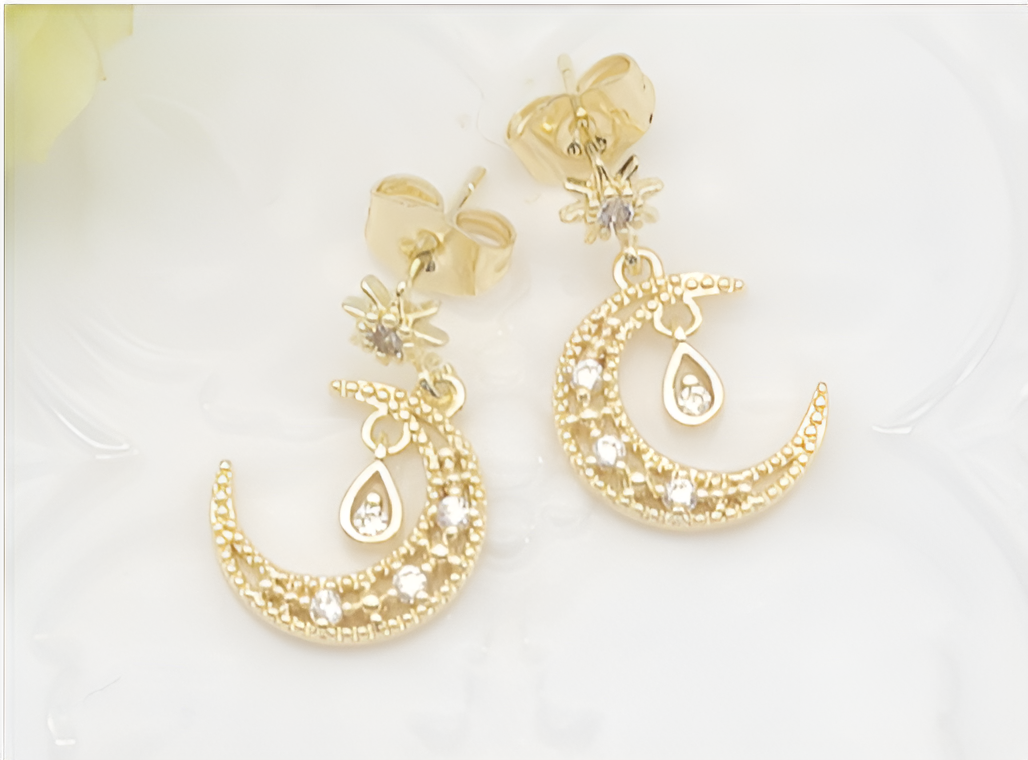 Celestial Star & Crescent Moon Pavé Dangle Earrings – 18K Gold Plated Drop Earrings
