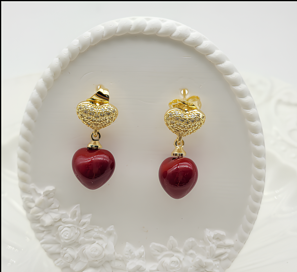 18K Gold Plated 3A Premium Zircon Sparkling Heart & Red Drop Earrings