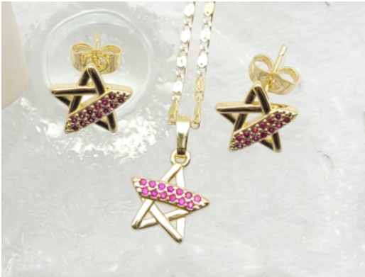 Ruby Pink Zircon Star Pendant Necklace & Stud Earrings Set